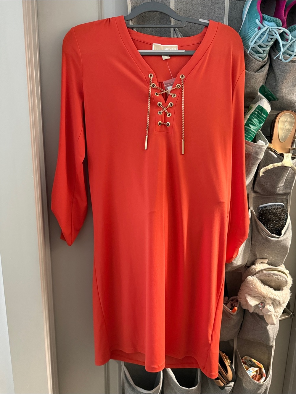 Michael Kors Lace-Up Midi Dress in Vibrant Orange-Red